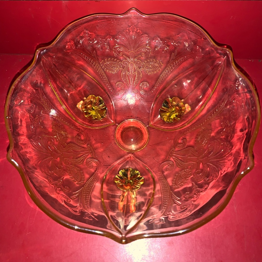 Antique Yellow Etched Lancaster Depression Glass Bowl With Legs Light Glow